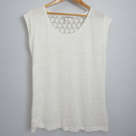 Gerard Darel Tops - Gerard Darel Womens M Ivory Cap Sleeve Linen Knit Shirt Floral Cotton Lace Back